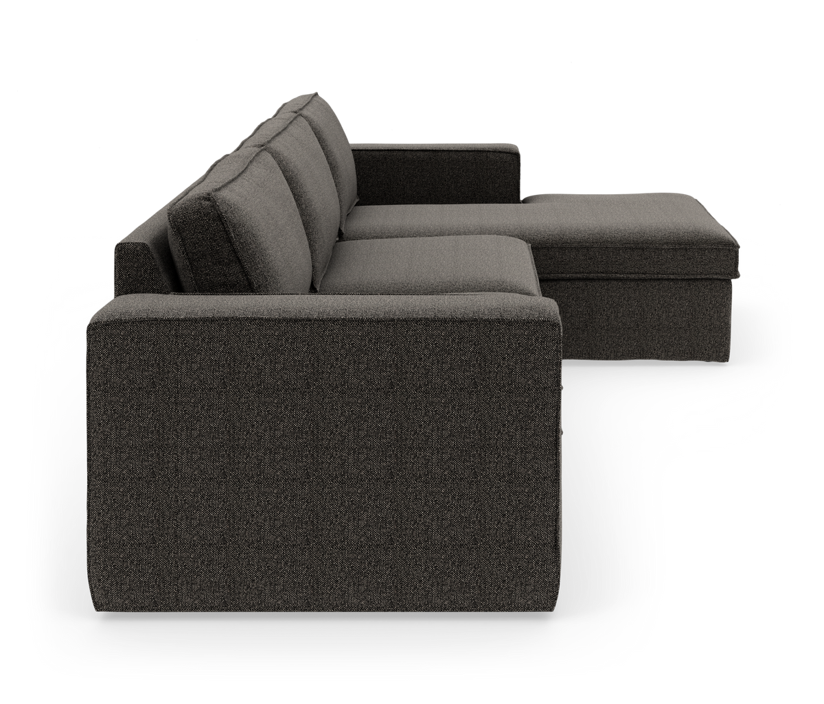 Mørkegrå modulær hjørnesofa med chaiselong, sidevisning mod hvid baggrund.