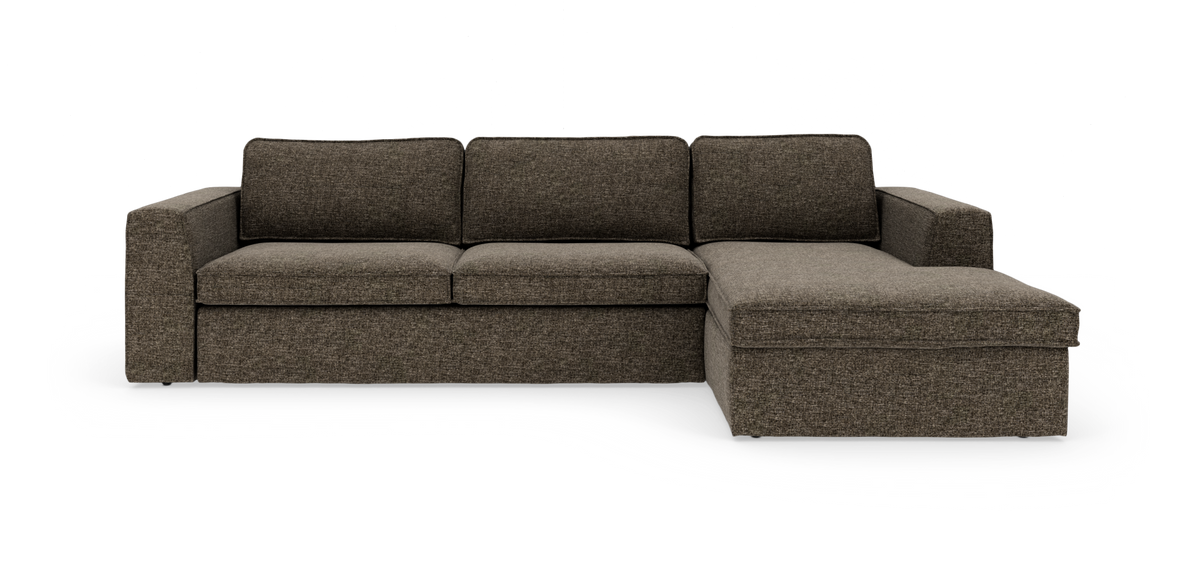 Hjørnesofa med chaiselong højre i mørkebrun tekstil, frilagt produktbillede på hvid baggrund.