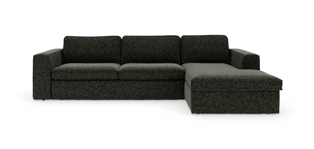 Mørkegrå modulsofa med chaiselong til højre i minimalistisk, lige design på hvid baggrund.