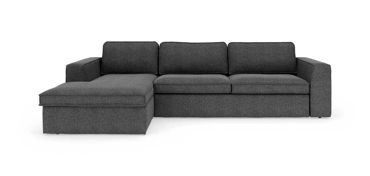 Mørkegrå hjørnesofa med venstrevendt chaiselong på hvid baggrund.