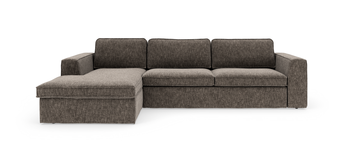 Modulær hjørnesofa med venstrevendt chaiselong i mørkegrå/beige stof, moderne og enkel design.