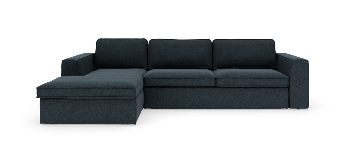 Mørkeblå hjørnesofa med venstre chaiselong, frontvisning på hvid baggrund.