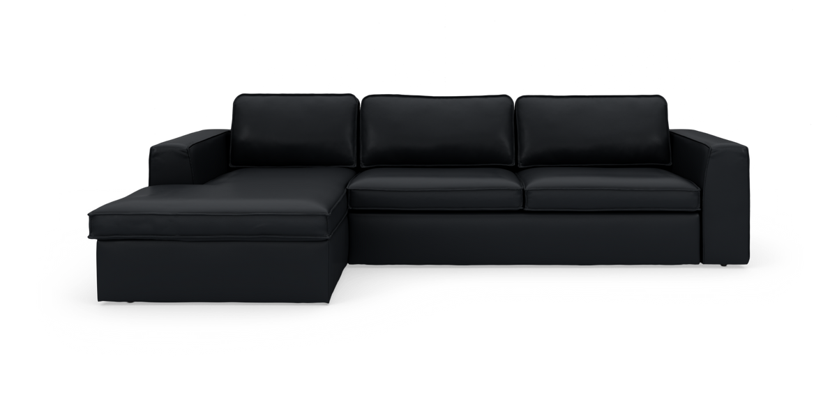Sort modulsofa med venstrevendt chaiselong, frilagt på hvid baggrund.