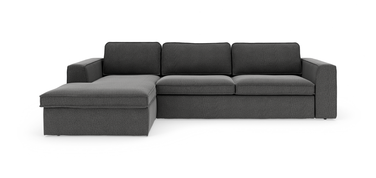 Mørkegrå hjørnesofa med venstre chaiselong i moderne, enkel design på hvid frilægning.