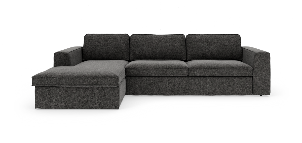 Mørkegrå hjørnesofa med venstre chaiselong, frilagt på hvid baggrund.