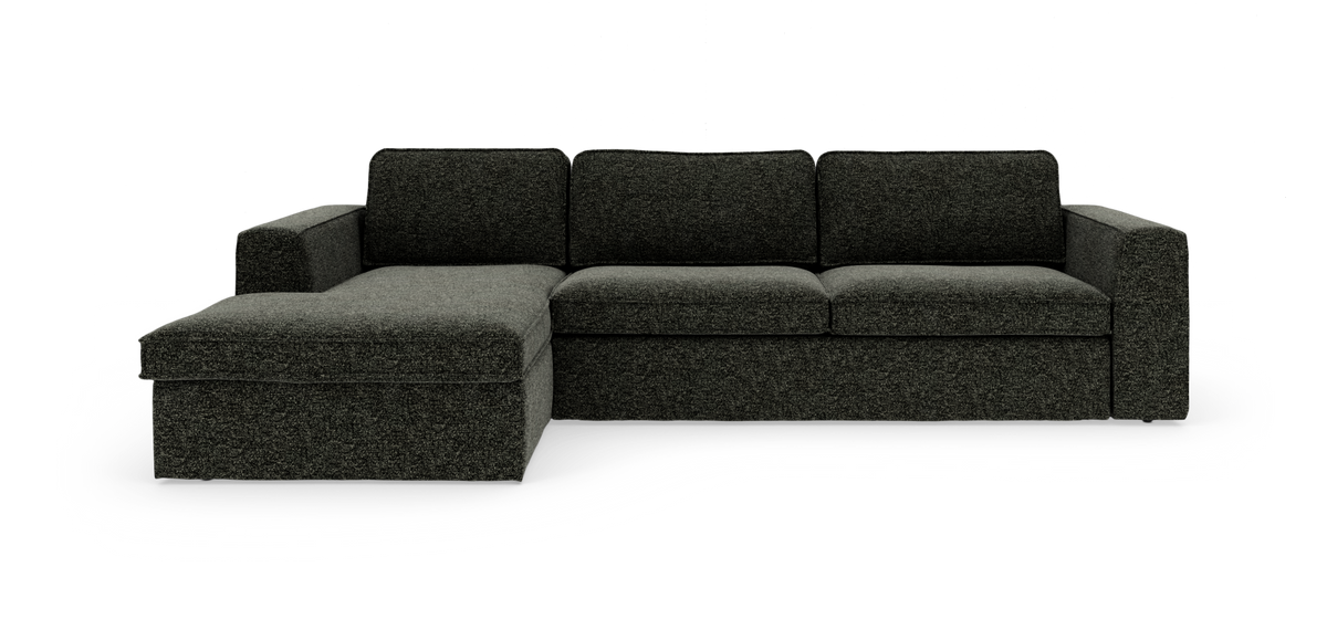 Mørkegrå hjørnesofa med venstrevendt chaiselong, moderne lige design i stof.