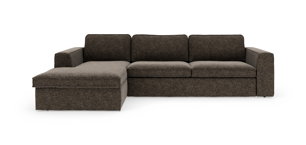 Mørkebrun tresædet hjørnesofa med chaiselong til venstre, boxet moderne design på hvid baggrund.
