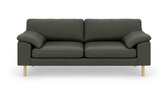 Mørkegrøn 2-personers sofa i læderlook med træben, set forfra.