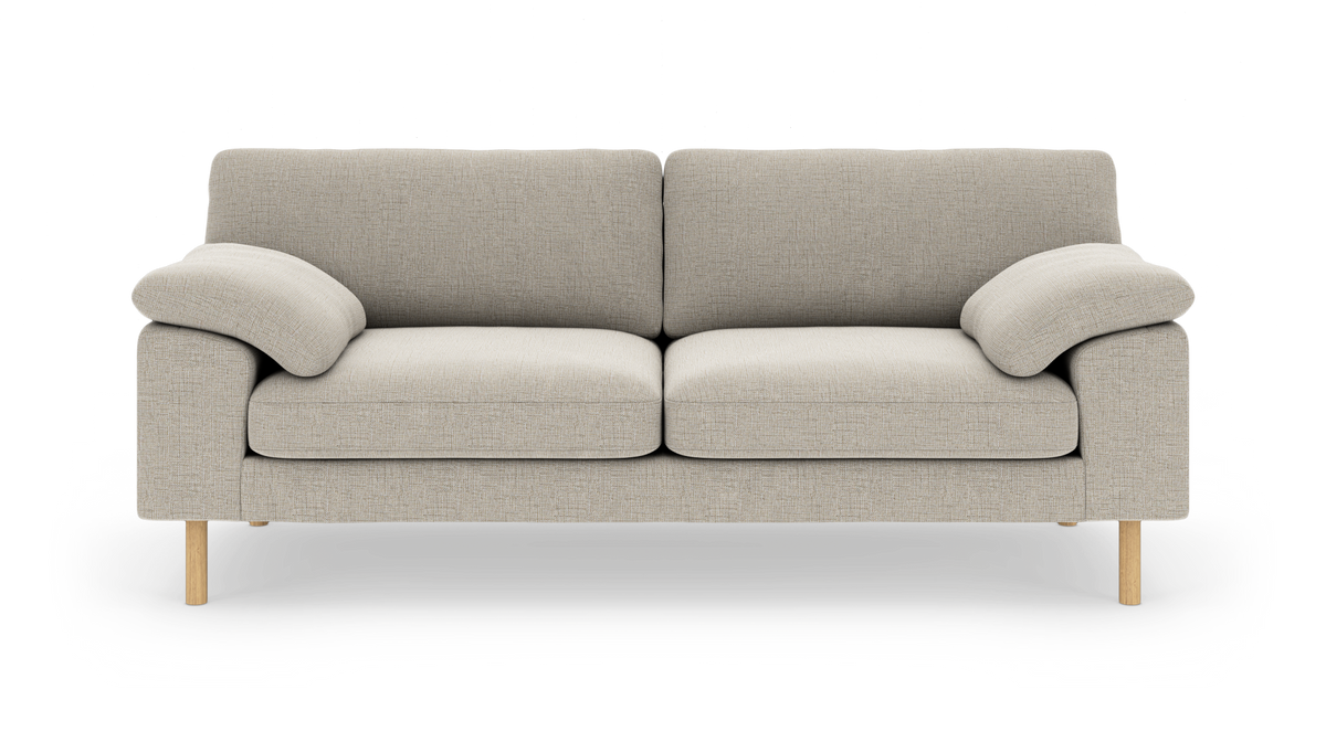 Lys beige 2-personers sofa med træben, frontvisning på hvid baggrund.