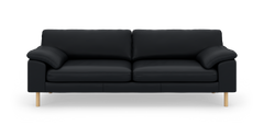 Sort 3-personers sofa med runde træben, set forfra på hvid baggrund.