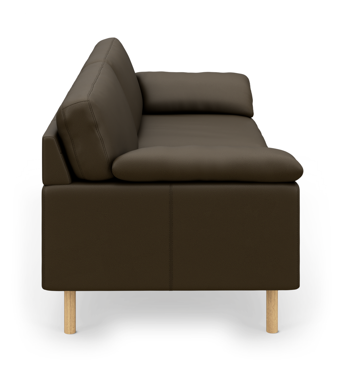 Brun sofa set fra siden, moderne design med træben på hvid baggrund.
