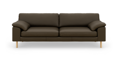 Mørkebrun 3-personers sofa i læderlook med træben, fotograferet frontalt på hvid baggrund.