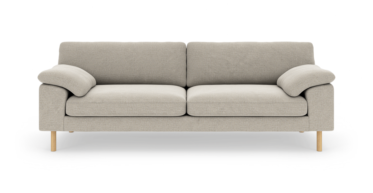 Beige sofa set forfra med to sædehynder og træben.