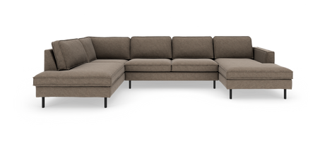 Brun L-formet modulsofa med chaiselong på højre side, slanke sorte ben, frilagt på hvid baggrund.