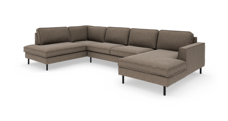 Brun L‑formet modulsofa med chaiselong til højre på hvid baggrund.