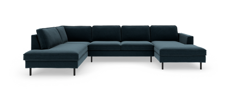 Mørkeblå modulhjørnesofa i U‑form med chaiselong i begge ender og slanke metalben, fritstående på hvid baggrund.