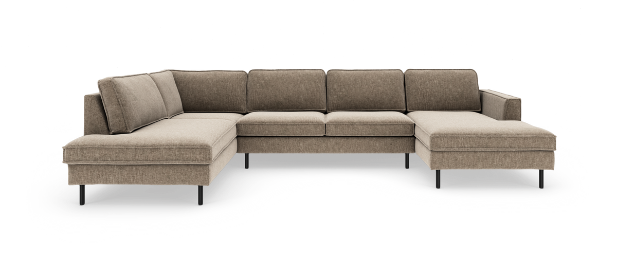 Beige/brun U‑formet modulsofa med chaiselong i både venstre og højre side, frilagt på hvid baggrund.