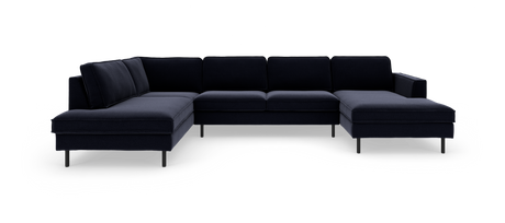 Mørkeblå modulsofa i U‑form med chaiselong i begge ender og slanke metalben.