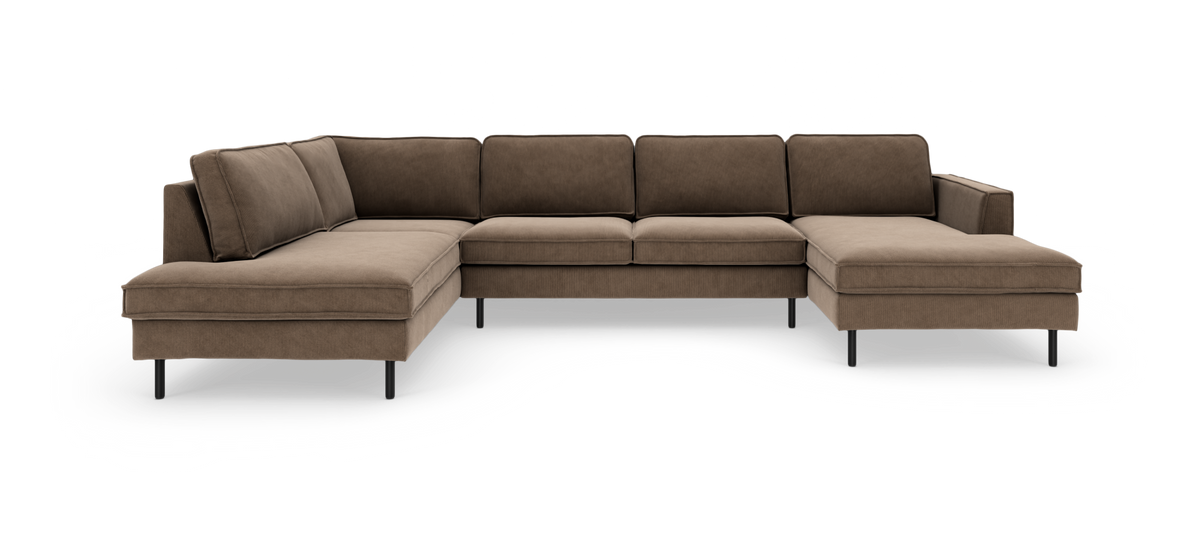 Brun modul-hjørnesofa med to chaiselonger og sorte metalben, frilagt på hvid baggrund.