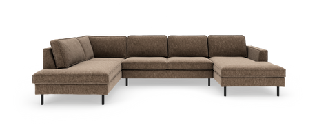Brun hjørnesofa i modulstil med chaiselong i begge ender og sorte metalben mod hvid baggrund.