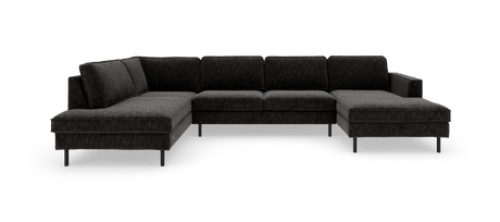Mørkegrå U‑sofa med chaiselong i begge ender, fritlagt mod hvid baggrund.