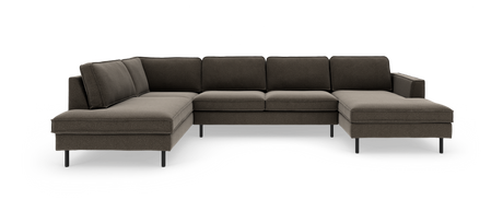 Mørkebrun modul-hjørnesofa med dobbelt chaiselong og slanke sorte ben, frilagt på hvid baggrund.