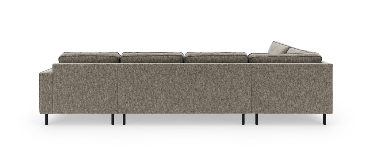 Brungrå modulær stofsofa set bagfra på hvid baggrund.