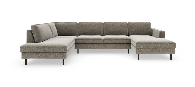 Stor hjørnesofa med chaiselonger på begge sider i gråbeige stof med slanke sorte ben._ps