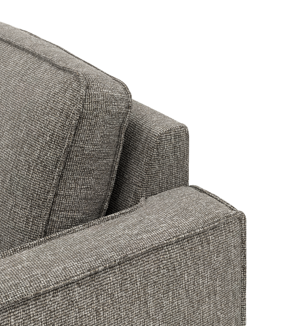Nærbillede af gråmeleret sofa med lige armlæn og ryghynde.