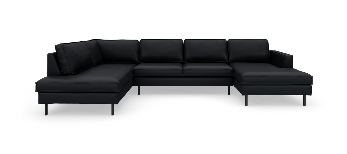 Sort modulær læderhjørnesofa med chaiselong i begge ender, frilagt på hvid baggrund.
