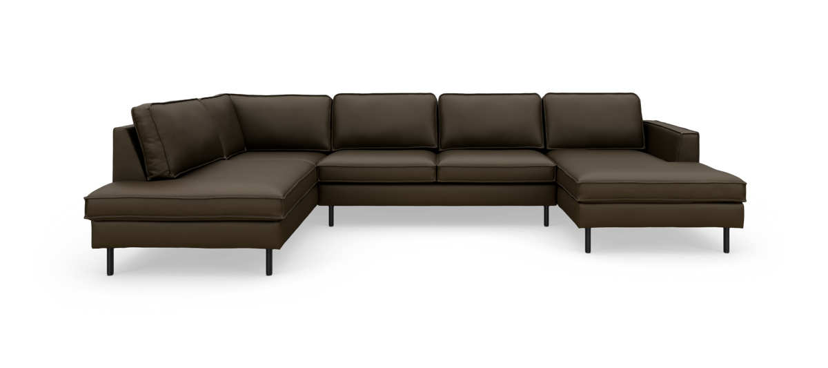 Mørkebrun modulær hjørnesofa med chaiselong og metalben, frilagt på hvid baggrund.