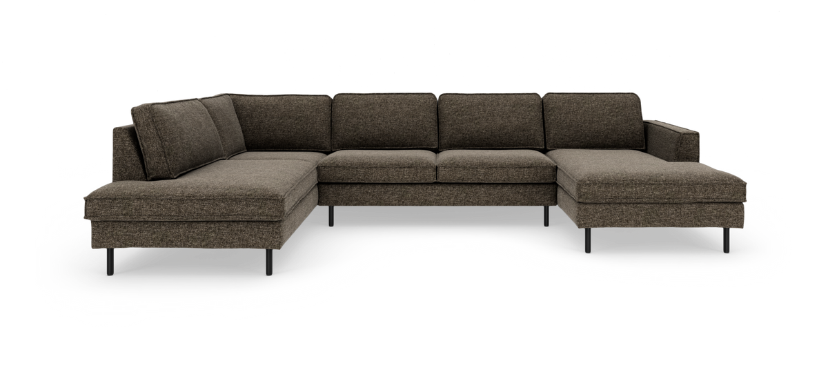 Brun U-formet modulsofa med chaiselong i begge ender, frilagt på hvid baggrund.