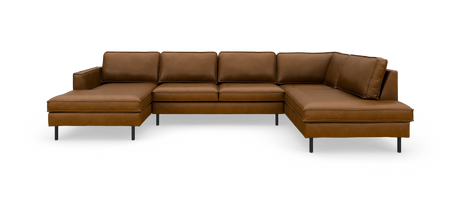 Brun U-formet modulsofa i læder med chaiselong i begge ender, fritlagt på hvid baggrund.