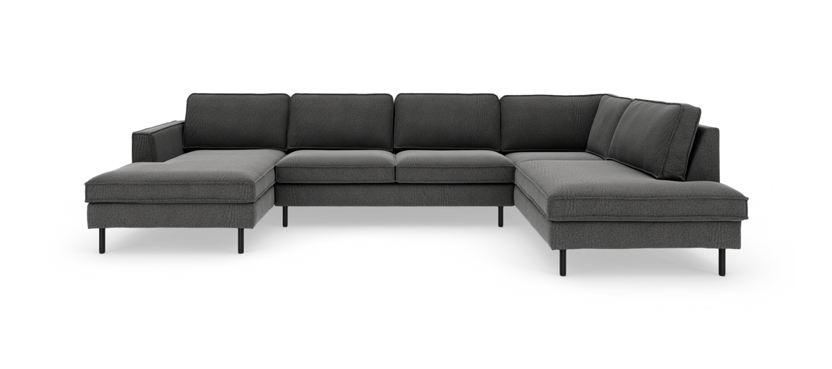 Mørkegrå U-formet modulsofa med chaiselong i begge ender, fritlagt produktfoto.