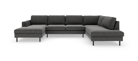 Mørkegrå U-formet modulsofa med chaiselong i begge ender, fritlagt produktfoto.