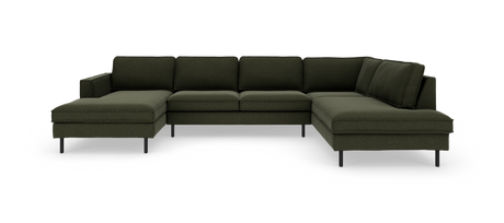 Mørkegrøn modulær hjørnesofa med chaiselong i begge ender, slanke sorte ben, fritlagt på hvid baggrund.