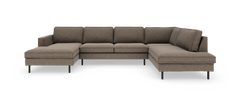 Brun U‑formet modulsofa med chaiselong i begge ender, frilagt mod hvid baggrund.