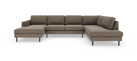 Brun U‑formet modulsofa med chaiselong i begge ender, frilagt mod hvid baggrund.