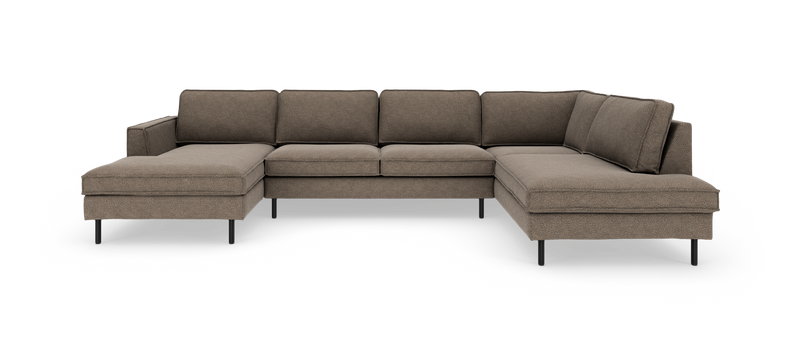 Brun U‑formet modulsofa med chaiselong i begge ender, frilagt mod hvid baggrund._ps
