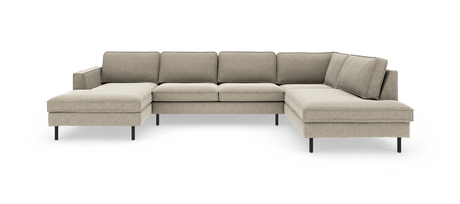 Beige U‑formet modulsofa med chaiselonger i begge ender og slanke sorte metalben, frilagt på hvid baggrund.
