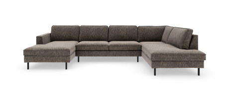 Stor U-formet modulsofa i mørkegråt tekstil med slanke sorte ben og chaiselong i begge ender.