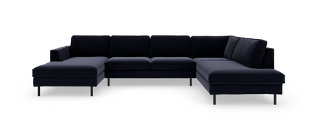 Mørkeblå modulær U-sofa med lave sorte ben, frilagt på hvid baggrund.