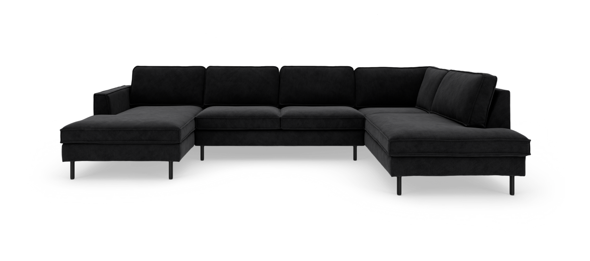 Sort U-formet modulsofa med chaiselonger i begge ender, fritlagt på hvid baggrund.