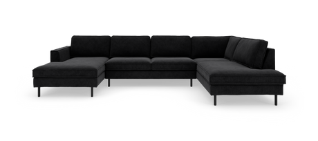 Sort U-formet modulsofa med chaiselonger i begge ender, fritlagt på hvid baggrund.