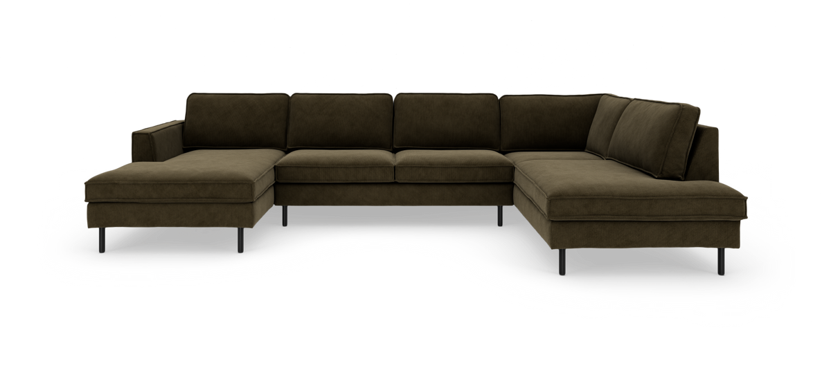 U‑formet mørk olivgrøn modulsofa med chaiselong i begge ender, frilagt mod hvid baggrund.