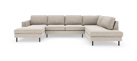 Beige U-formet modulsofa med chaiselong i begge ender, sorte ben, frilagt på hvid baggrund.