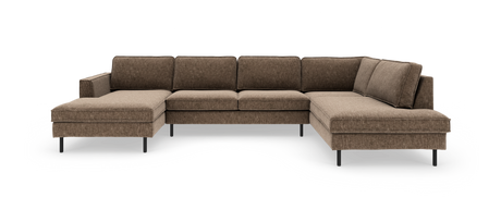 Brun U-formet modulsofa med chaiselonger i begge ender, frilagt mod hvid baggrund.