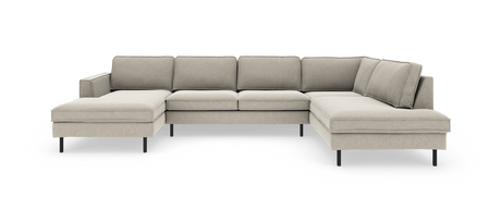 Beige U-formet modulsofa med chaiselong i begge ender og slanke sorte ben, set forfra.