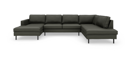 Modulær mørkegrøn U-formet hjørnesofa med chaiselonger i begge ender, frilagt mod hvid baggrund.