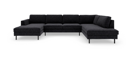 Mørkegrå U-formet hjørnesofa med chaiselong i begge ender, frilagt mod hvid baggrund.